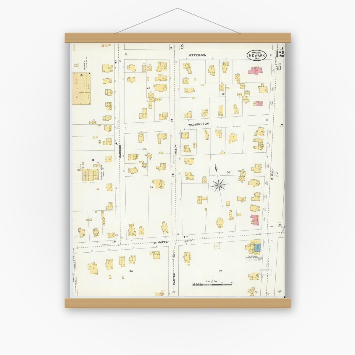 Old map wall art mockup — magnetic wood frame on white wall — Sanborn Fire Insurance Map from Newark, Wayne County, New York (1906), Sheet #0012