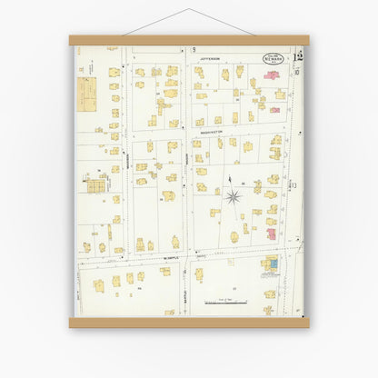 Old map wall art mockup — magnetic wood frame on white wall — Sanborn Fire Insurance Map from Newark, Wayne County, New York (1906), Sheet #0012