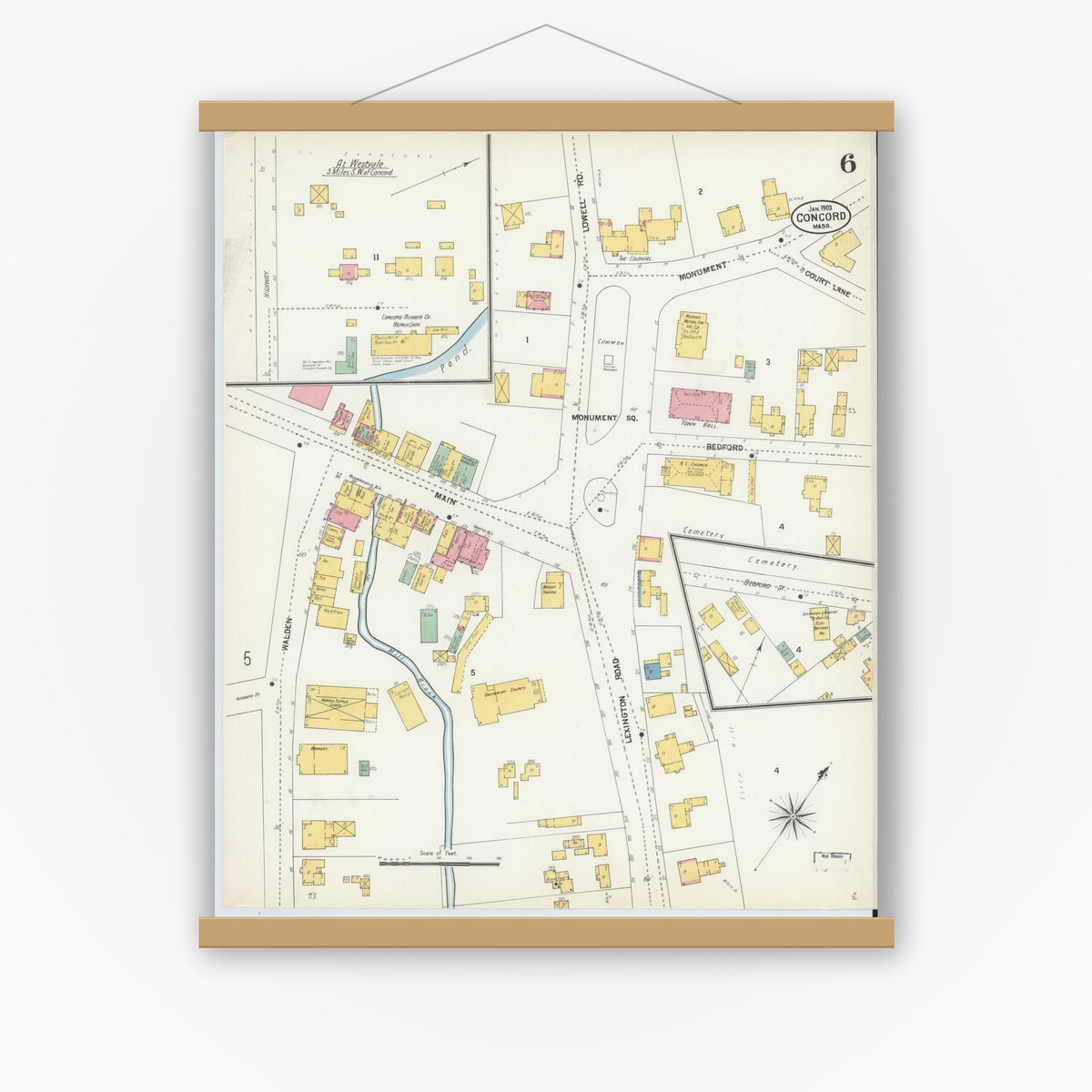 Old map wall art mockup — magnetic wood frame on white wall — Sanborn Fire Insurance Map from Concord, Middlesex County, Massachusetts (1903), Sheet #0006