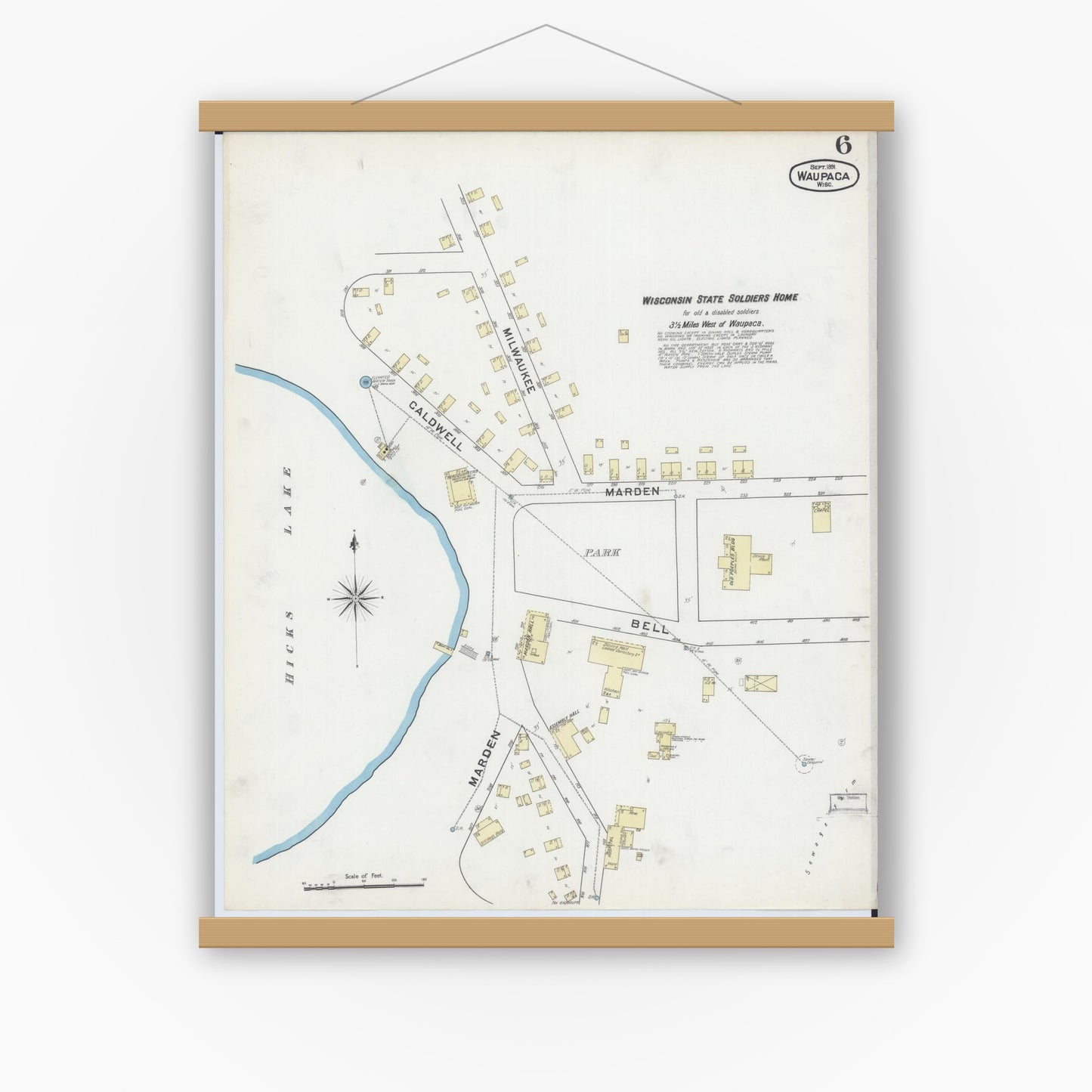 Old map wall art mockup — magnetic wood frame on white wall — Sanborn Fire Insurance Map from Waupaca, Waupaca County, Wisconsin (1891), Sheet #0006