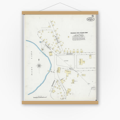 Old map wall art mockup — magnetic wood frame on white wall — Sanborn Fire Insurance Map from Waupaca, Waupaca County, Wisconsin (1891), Sheet #0006