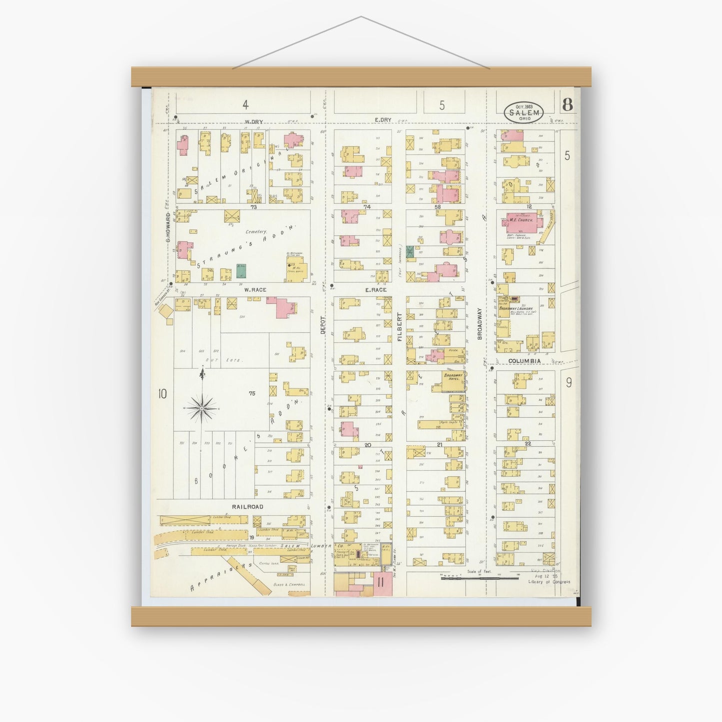 Old map wall art mockup — magnetic wood frame on white wall — Sanborn Fire Insurance Map from Salem, Columbiana County, Ohio (1903), Sheet #0008