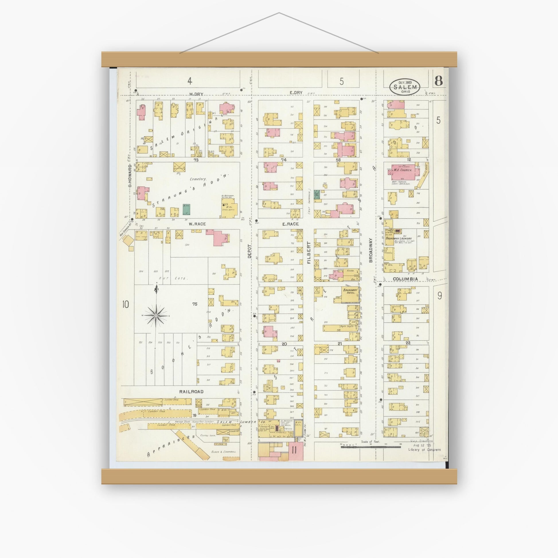 Old map wall art mockup — magnetic wood frame on white wall — Sanborn Fire Insurance Map from Salem, Columbiana County, Ohio (1903), Sheet #0008