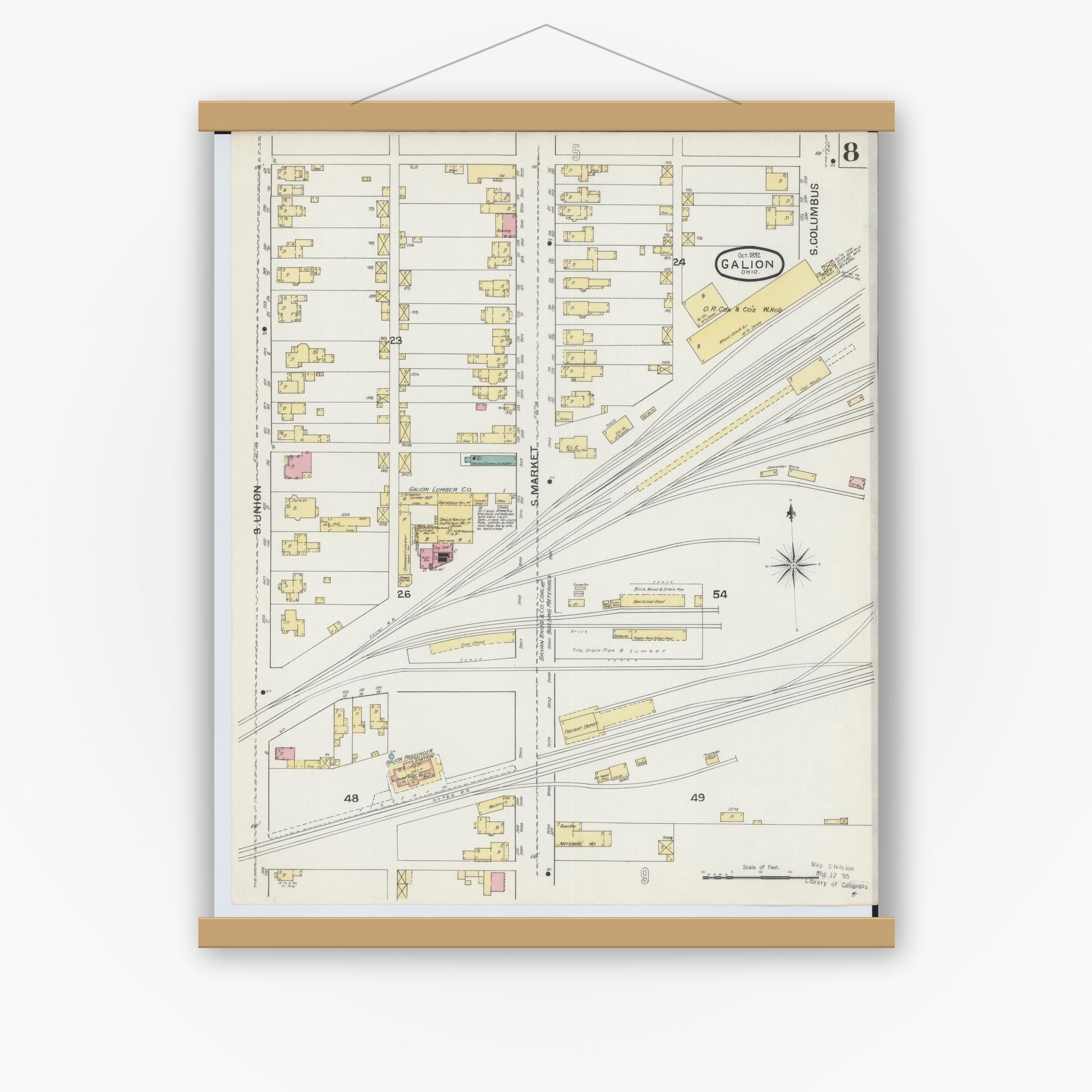 Old map wall art mockup — magnetic wood frame on white wall — Sanborn Fire Insurance Map from Galion, Crawford County, Ohio (1892), Sheet #0008