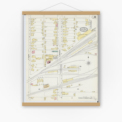 Old map wall art mockup — magnetic wood frame on white wall — Sanborn Fire Insurance Map from Galion, Crawford County, Ohio (1892), Sheet #0008