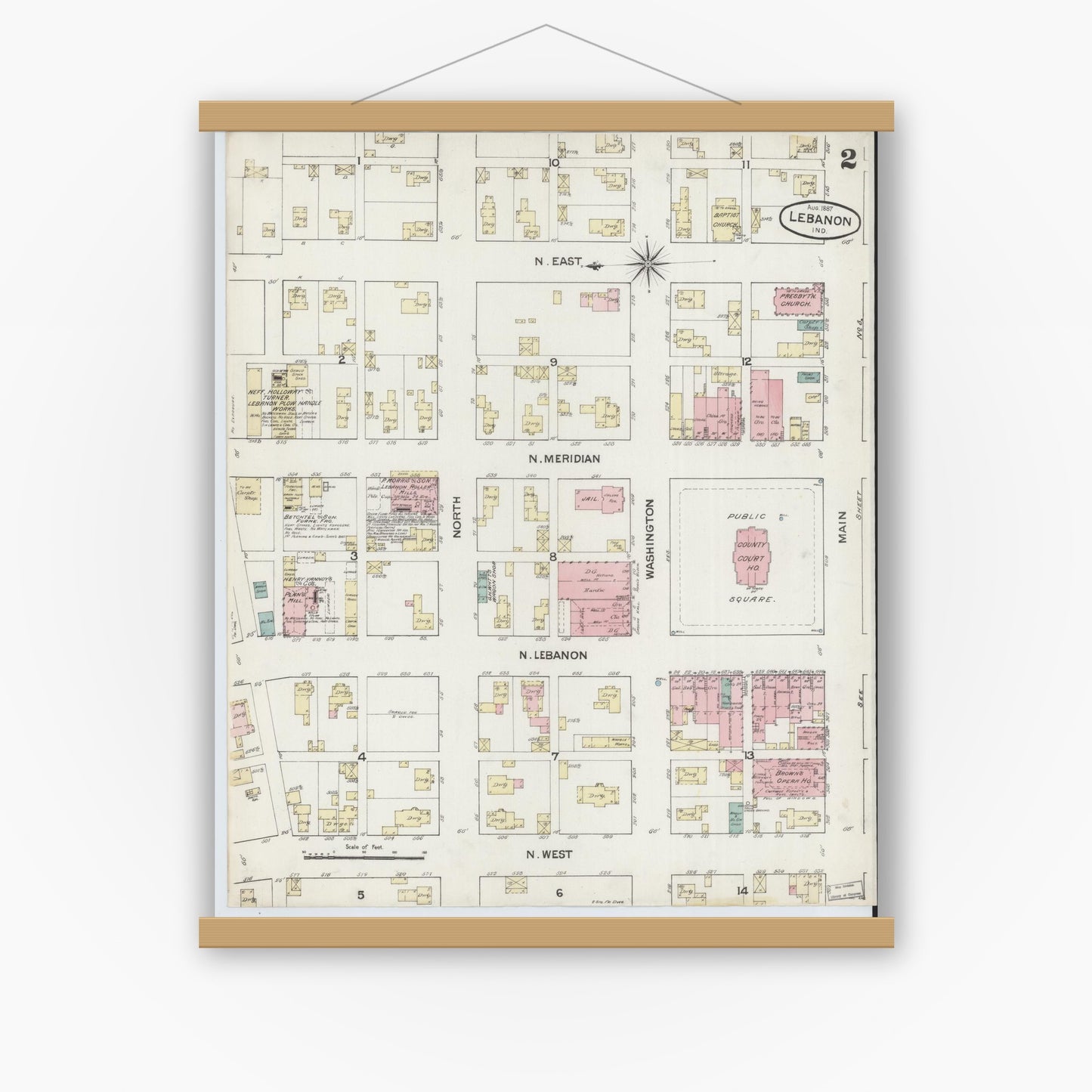 Old map wall art mockup — magnetic wood frame on white wall — Sanborn Fire Insurance Map from Lebanon, Boone County, Indiana (1887), Sheet #0002