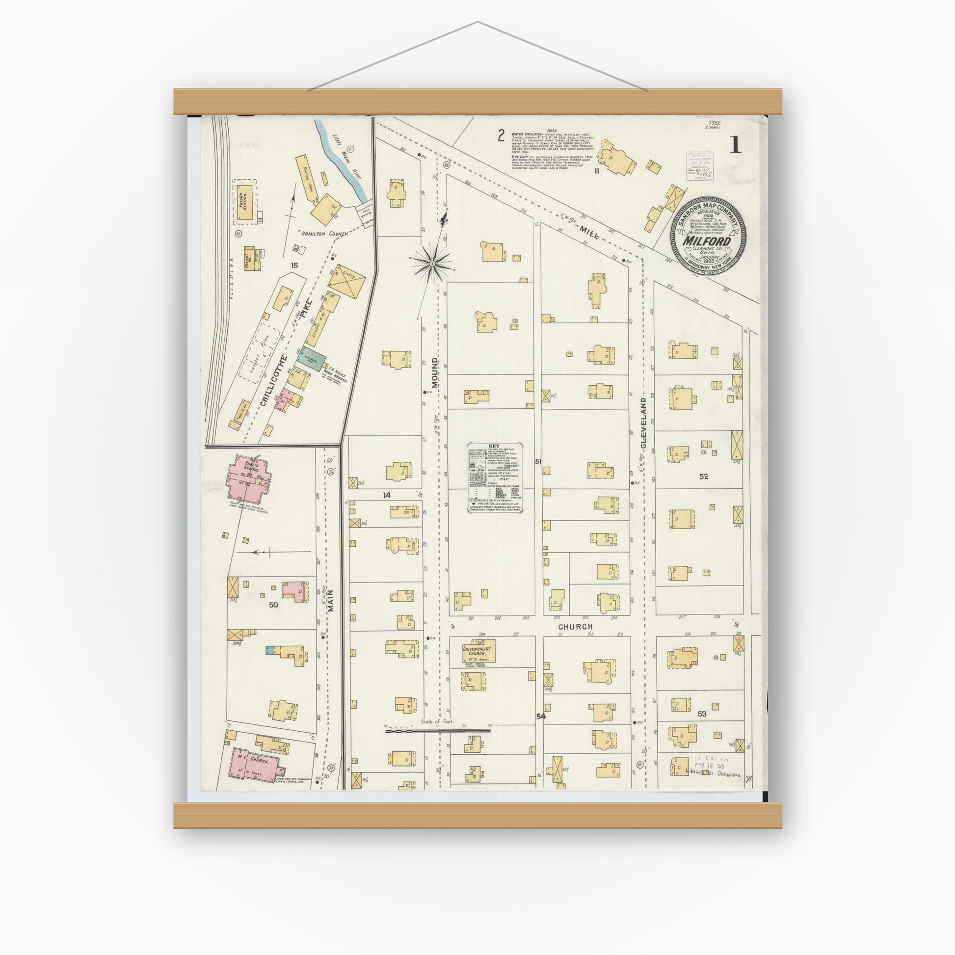 Old map wall art mockup — magnetic wood frame on white wall — Sanborn Fire Insurance Map from Milford, Clermont And Hamilton County, Ohio (1905), Sheet #0001