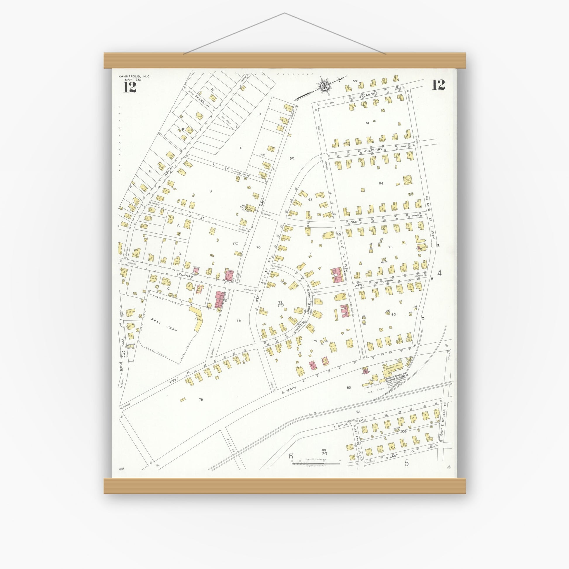 Old map wall art mockup — magnetic wood frame on white wall — Sanborn Fire Insurance Map from Kannapolis, Rowan And Cabarrus Counties, North Carolina (1932), Sheet #0012
