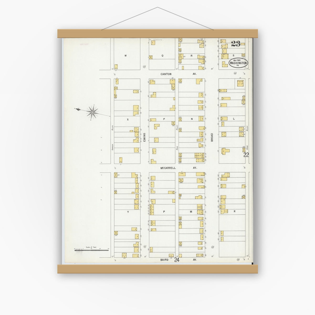 Old map wall art mockup — magnetic wood frame on white wall — Sanborn Fire Insurance Map from Washington, Washington County, Pennsylvania (1900), Sheet #0023