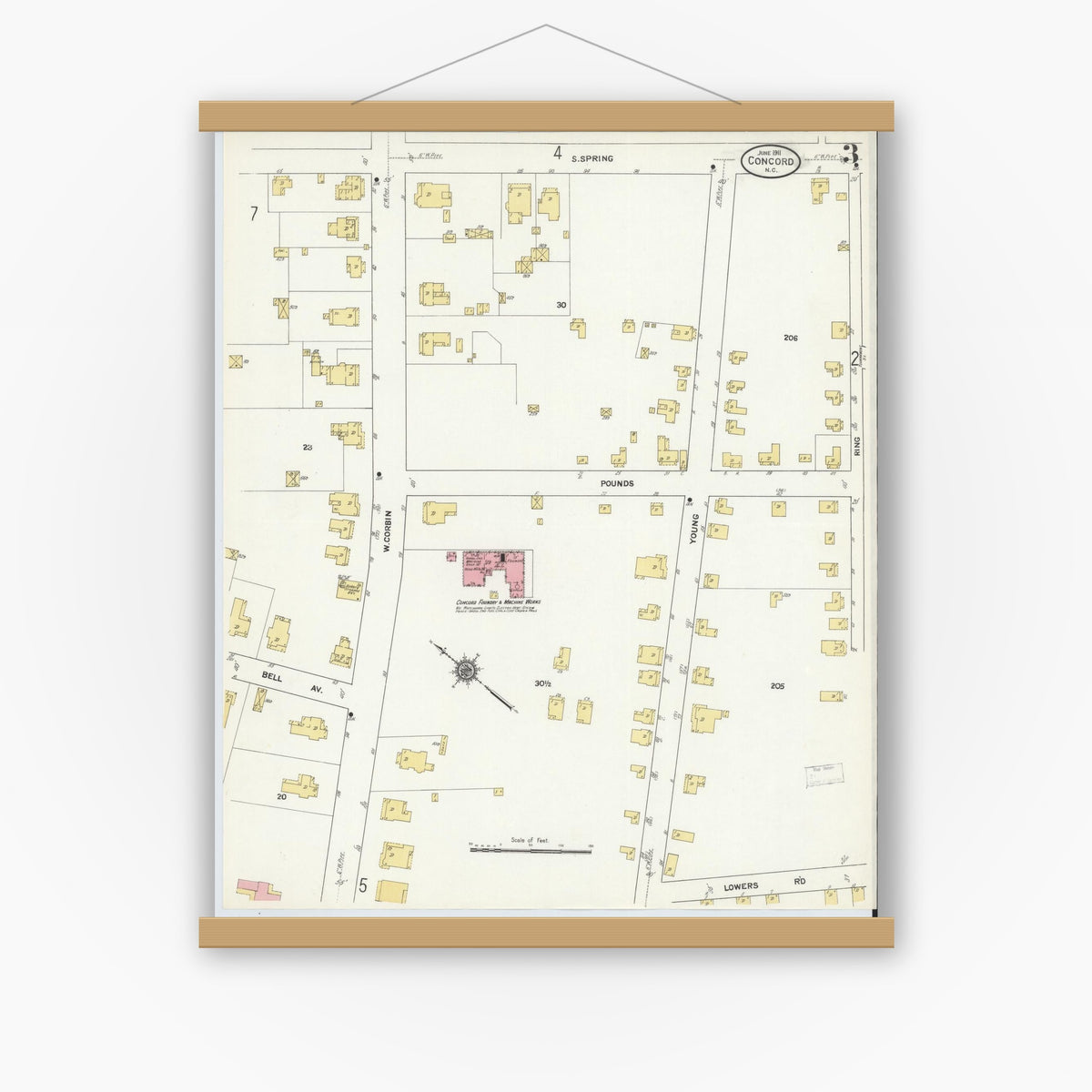 Old map wall art mockup — magnetic wood frame on white wall — Sanborn Fire Insurance Map from Concord, Cabarrus County, North Carolina (1911), Sheet #0003
