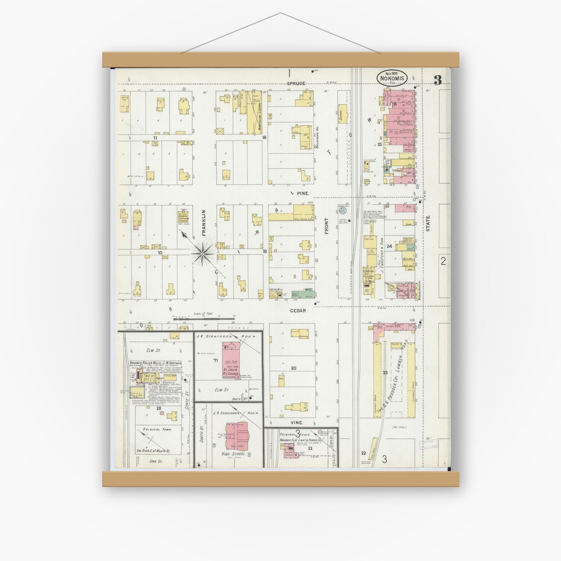 Old map wall art mockup — magnetic wood frame on white wall — Sanborn Fire Insurance Map from Nokomis, Montgomery County, Illinois (1899), Sheet #0003