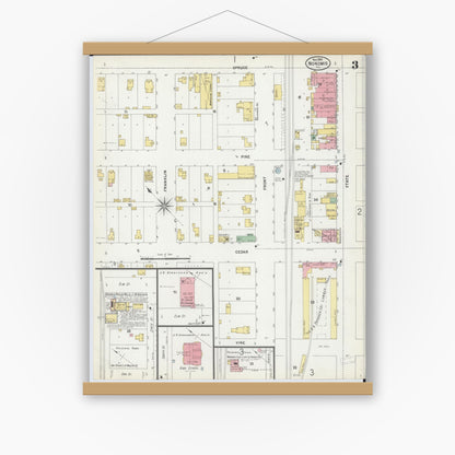 Old map wall art mockup — magnetic wood frame on white wall — Sanborn Fire Insurance Map from Nokomis, Montgomery County, Illinois (1899), Sheet #0003