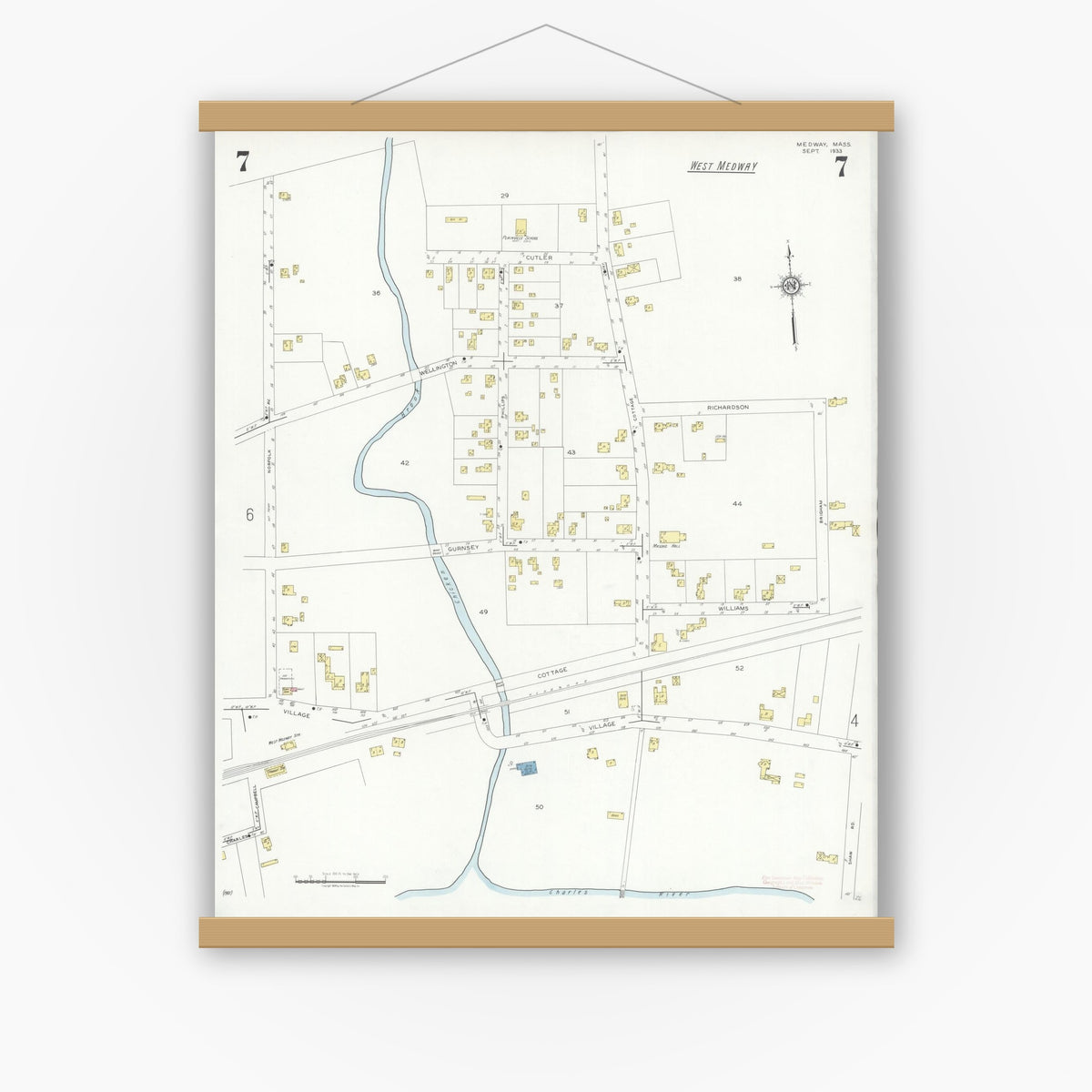 Old map wall art mockup — magnetic wood frame on white wall — Sanborn Fire Insurance Map from Medway, Norfolk County, Massachusetts (1933), Sheet #0007