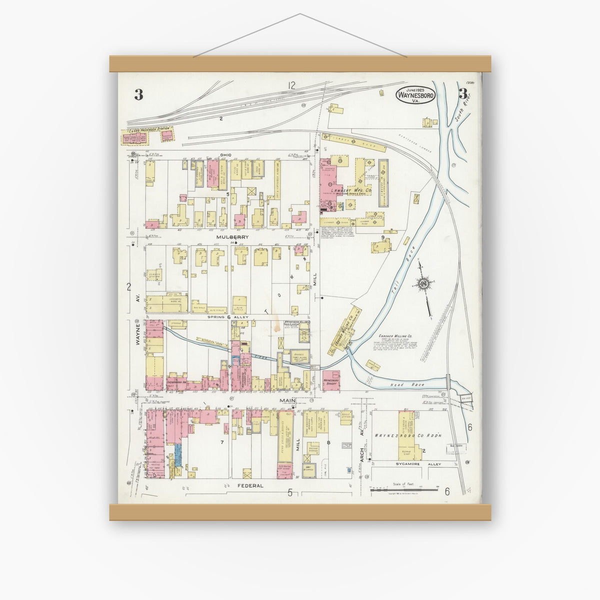 Old map wall art mockup — magnetic wood frame on white wall — Sanborn Fire Insurance Map from Waynesboro, Independent Cities, Virginia (1925), Sheet #0003