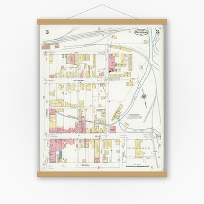Old map wall art mockup — magnetic wood frame on white wall — Sanborn Fire Insurance Map from Waynesboro, Independent Cities, Virginia (1925), Sheet #0003