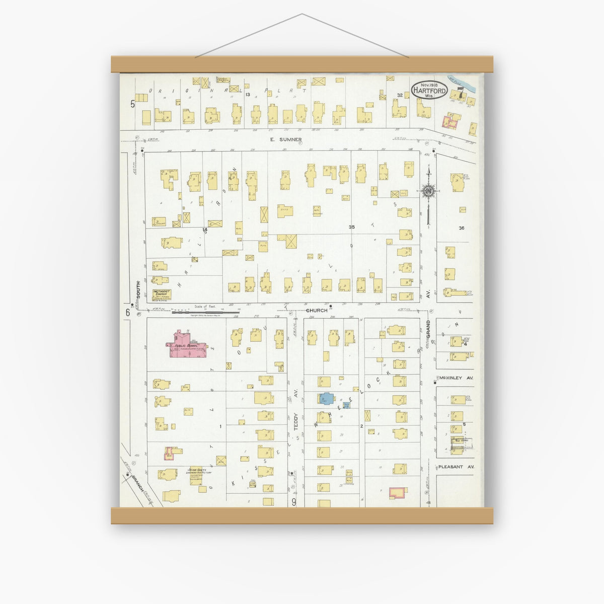 Old map wall art mockup — magnetic wood frame on white wall — Sanborn Fire Insurance Map from Hartford, Washington County, Wisconsin (1918), Sheet #0007