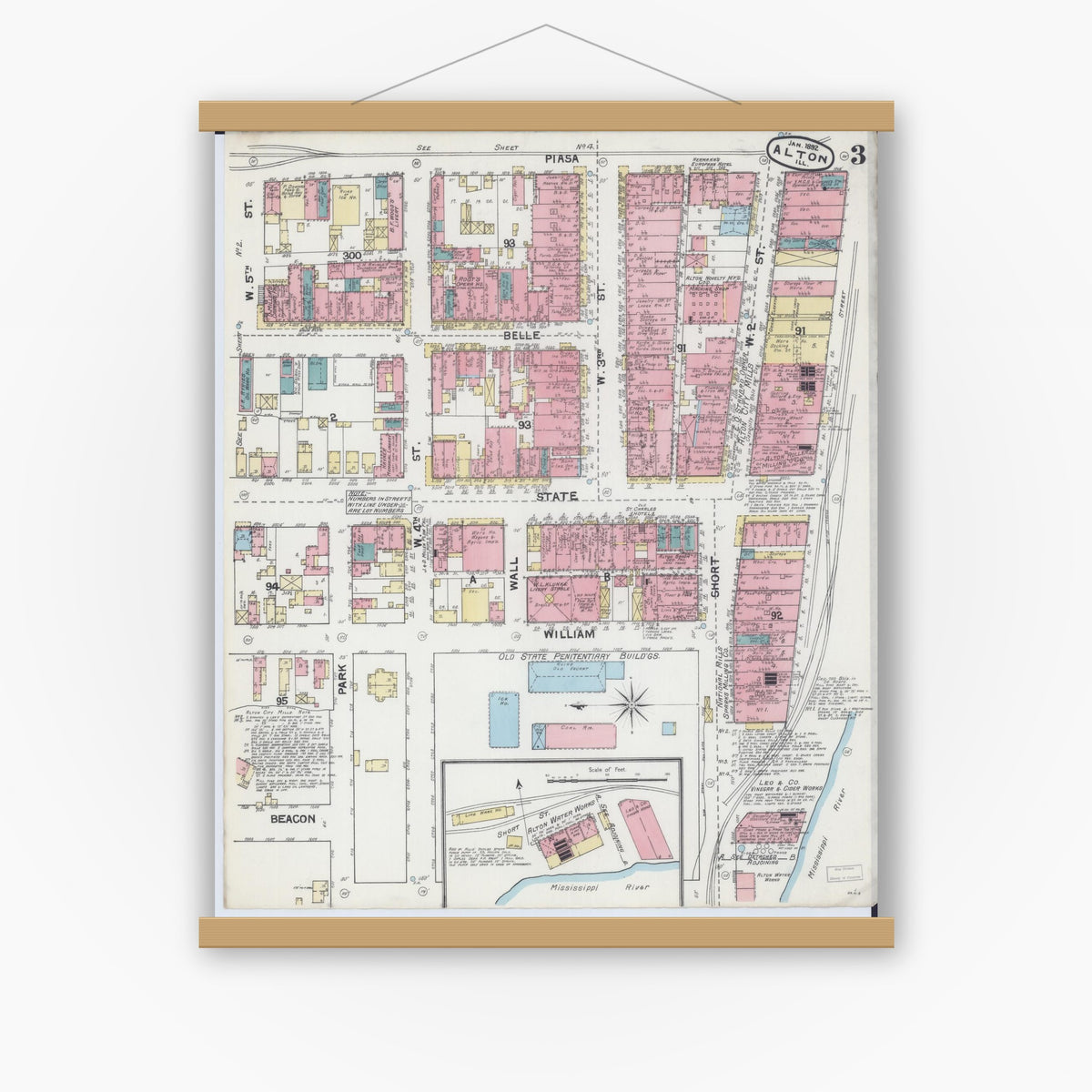 Old map wall art mockup — magnetic wood frame on white wall — Sanborn Fire Insurance Map from Alton, Madison County, Illinois (1892), Sheet #0003
