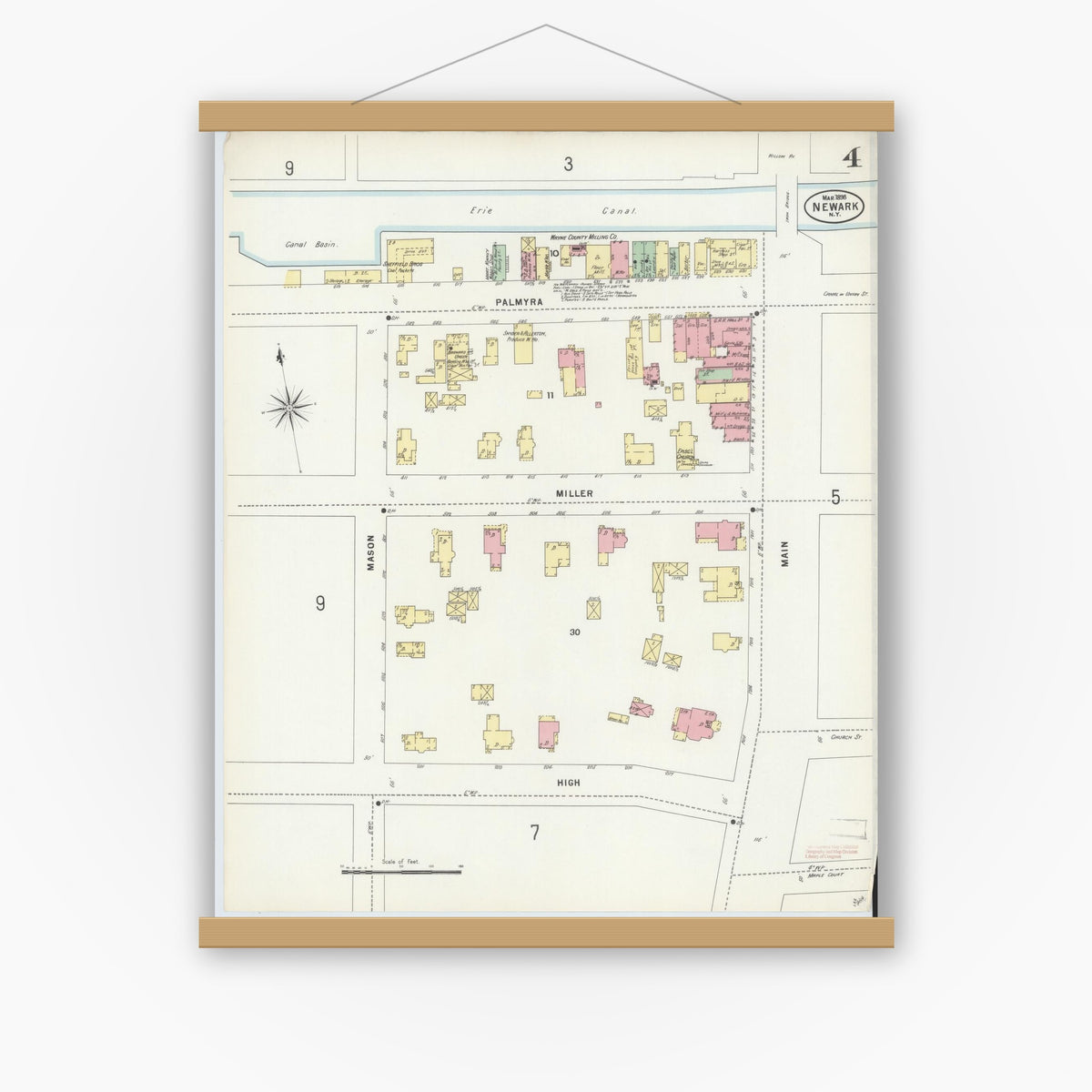 Old map wall art mockup — magnetic wood frame on white wall — Sanborn Fire Insurance Map from Newark, Wayne County, New York (1898), Sheet #0004
