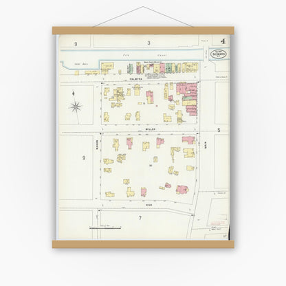 Old map wall art mockup — magnetic wood frame on white wall — Sanborn Fire Insurance Map from Newark, Wayne County, New York (1898), Sheet #0004