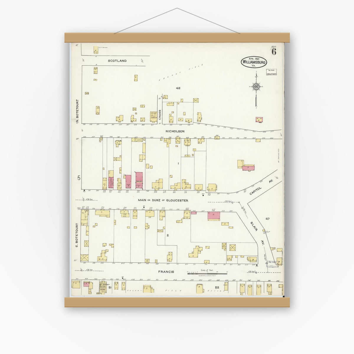 Old map wall art mockup — magnetic wood frame on white wall — Sanborn Fire Insurance Map from Williamsburg, Independent Cities, Virginia (1921), Sheet #0006
