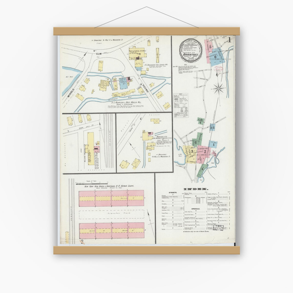 Old map wall art mockup — magnetic wood frame on white wall — Sanborn Fire Insurance Map from Braintree, Norfolk County, Massachusetts (1896) - Complete Map Set