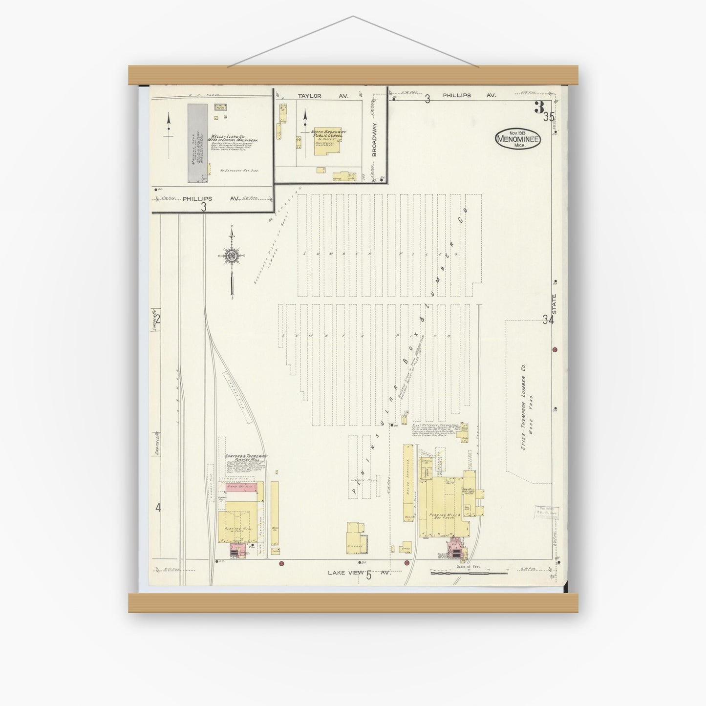 Old map wall art mockup — magnetic wood frame on white wall — Sanborn Fire Insurance Map from Menominee, Menominee County, Michigan (1913), Sheet #0003