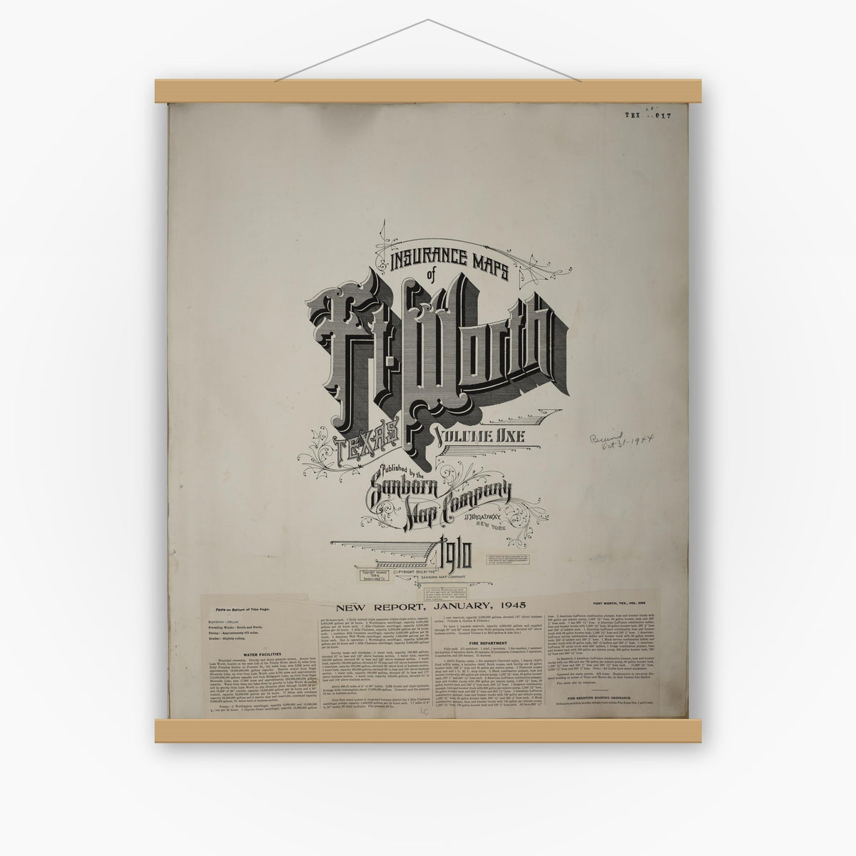 Old map wall art mockup — magnetic wood frame on white wall — Sanborn Fire Insurance Map from Fort Worth, Tarrant County, Texas (1951), Sheet #0001