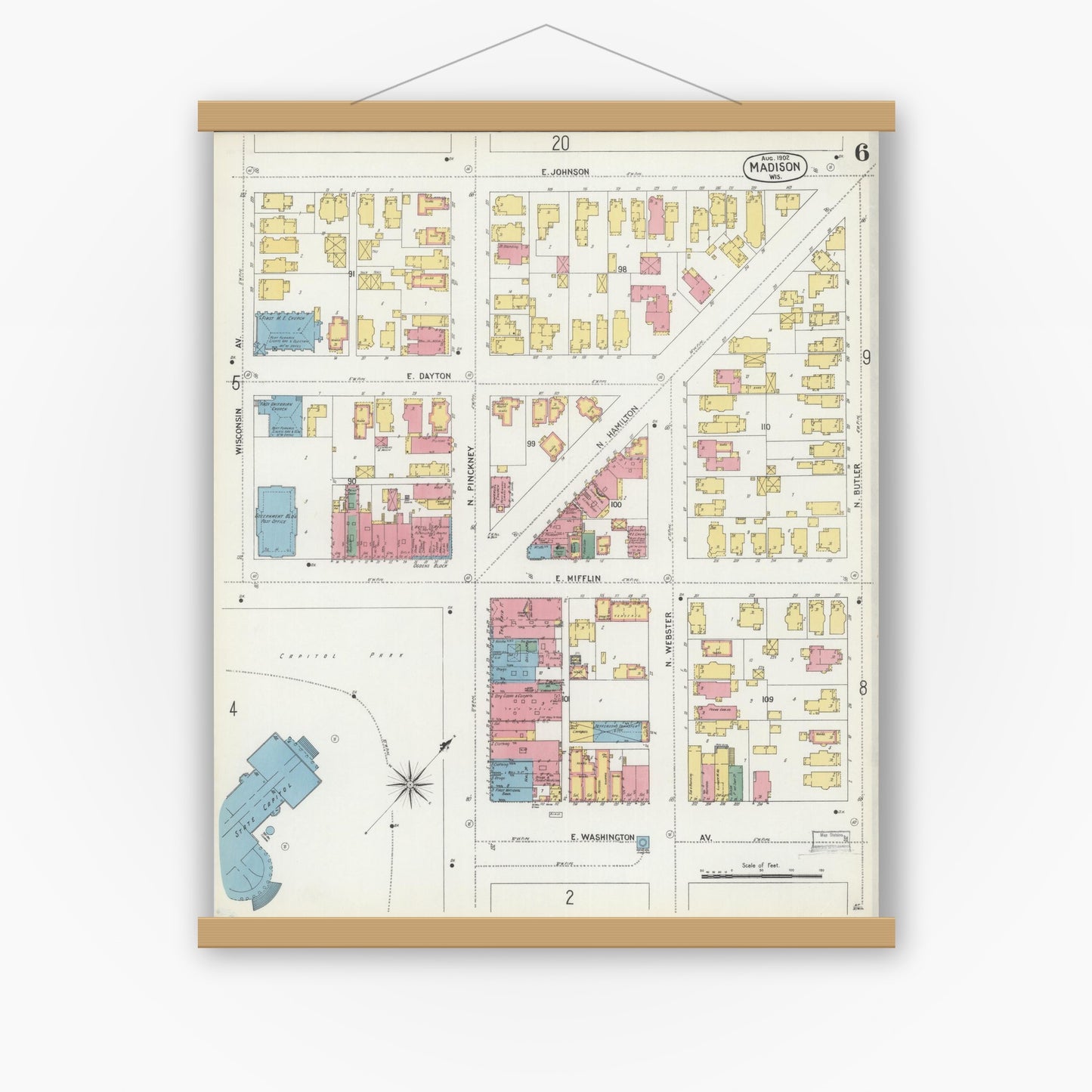 Old map wall art mockup — magnetic wood frame on white wall — Sanborn Fire Insurance Map from Madison, Dane County, Wisconsin (1902), Sheet #0006
