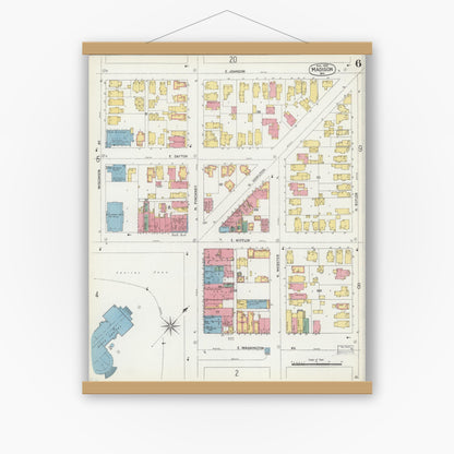 Old map wall art mockup — magnetic wood frame on white wall — Sanborn Fire Insurance Map from Madison, Dane County, Wisconsin (1902), Sheet #0006