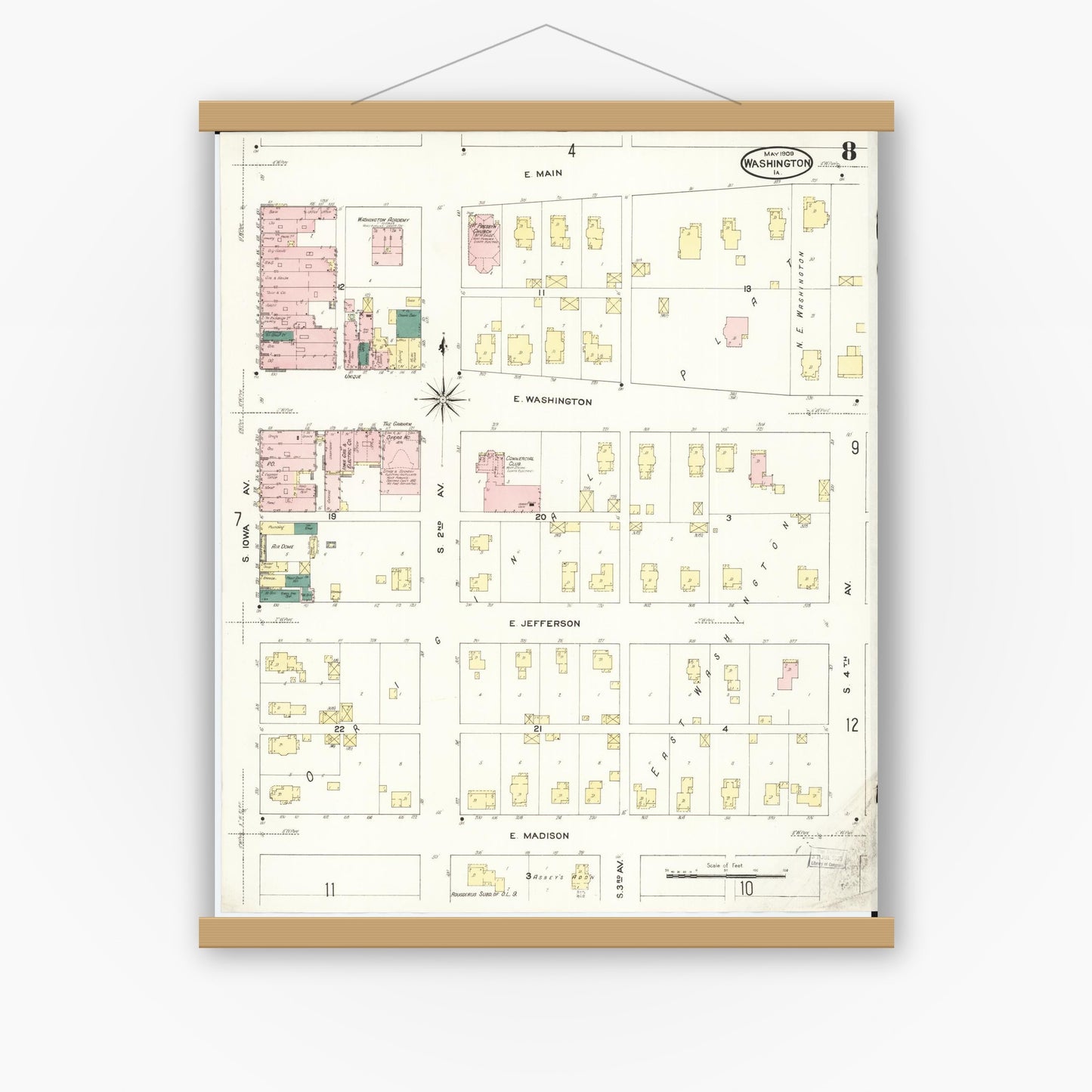 Old map wall art mockup — magnetic wood frame on white wall — Sanborn Fire Insurance Map from Washington, Washington County, Iowa (1909), Sheet #0008