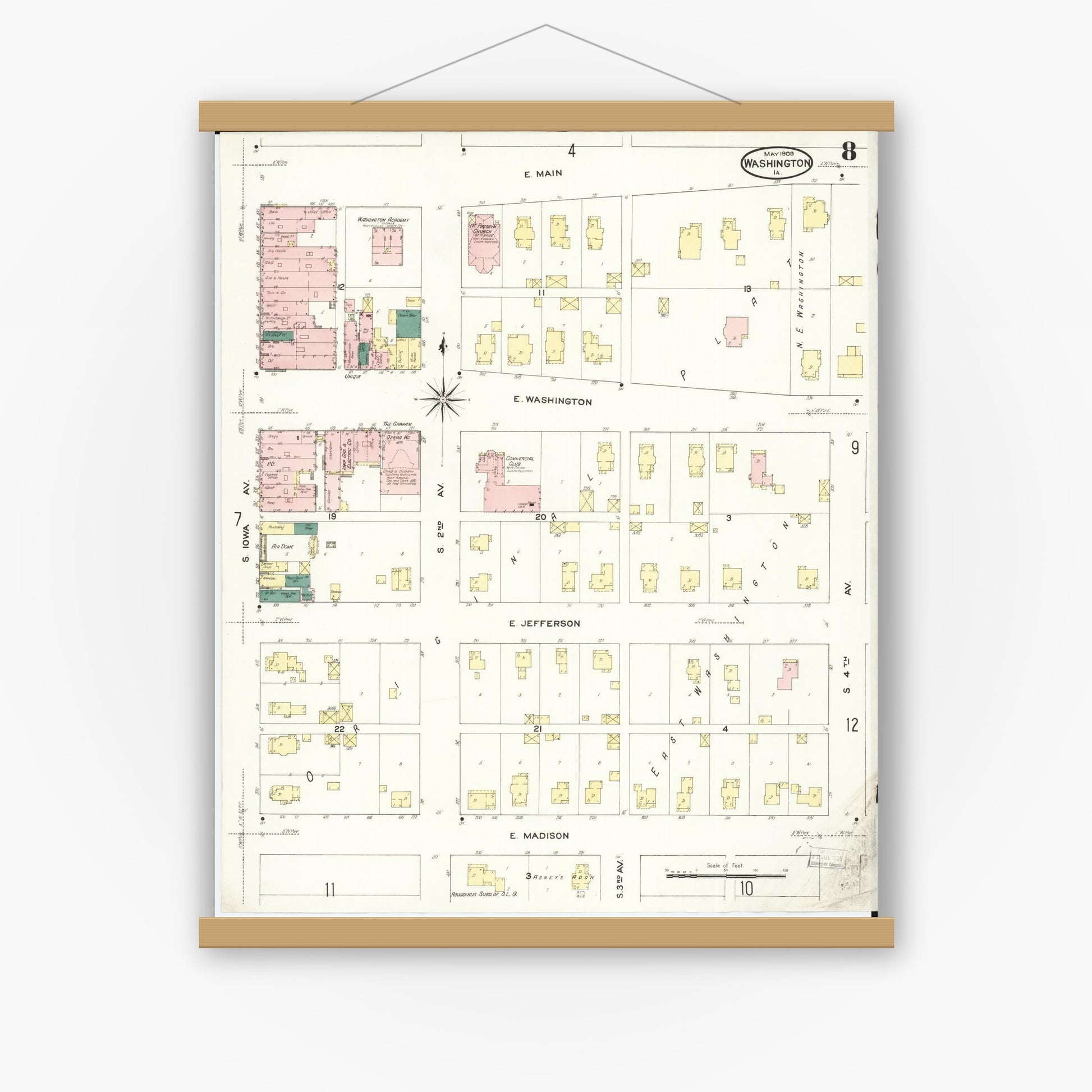 Old map wall art mockup — magnetic wood frame on white wall — Sanborn Fire Insurance Map from Washington, Washington County, Iowa (1909), Sheet #0008
