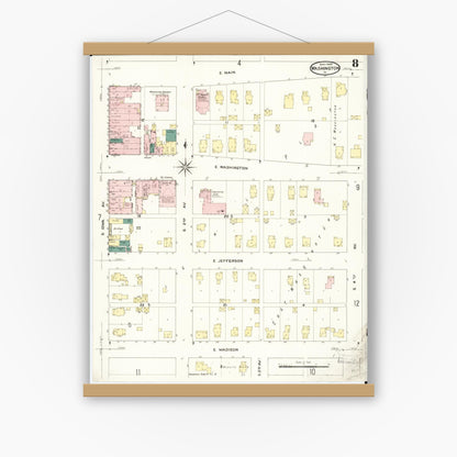 Old map wall art mockup — magnetic wood frame on white wall — Sanborn Fire Insurance Map from Washington, Washington County, Iowa (1909), Sheet #0008