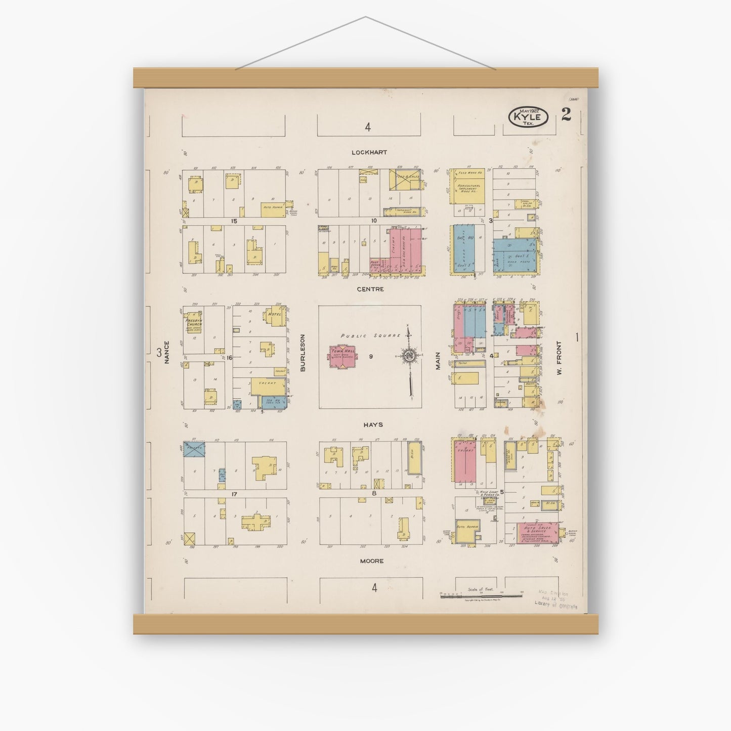 Old map wall art mockup — magnetic wood frame on white wall — Sanborn Fire Insurance Map from Kyle, Hays County, Texas (1922), Sheet #0002
