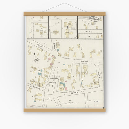 Old map wall art mockup — magnetic wood frame on white wall — Sanborn Fire Insurance Map from Bridgewater, Plymouth County, Massachusetts (1885), Sheet #0003