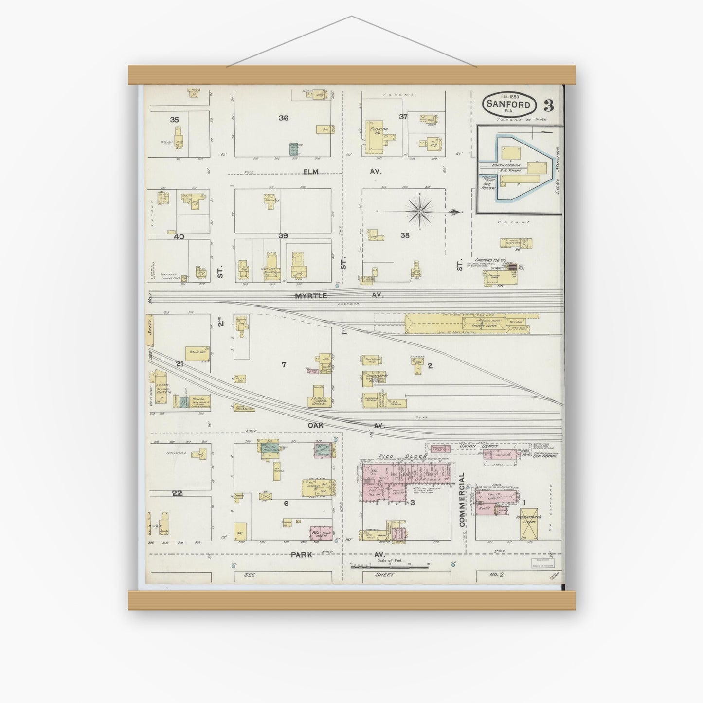 Old map wall art mockup — magnetic wood frame on white wall — Sanborn Fire Insurance Map from Sanford, Seminole County, Florida (1890), Sheet #0003