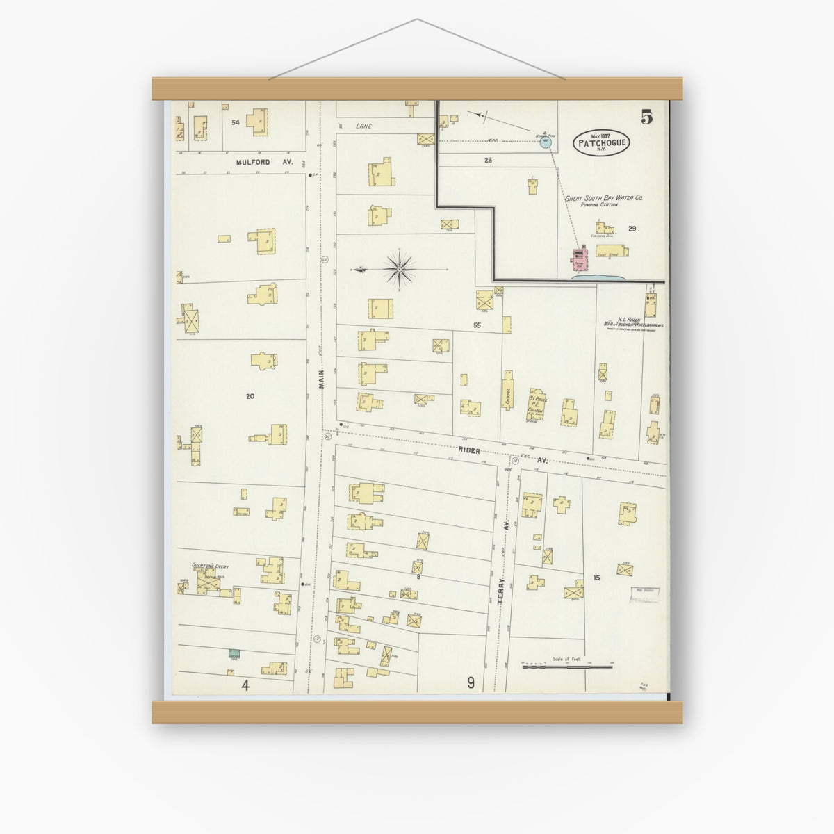 Old map wall art mockup — magnetic wood frame on white wall — Sanborn Fire Insurance Map from Patchogue, Suffolk County, New York (1897), Sheet #0005