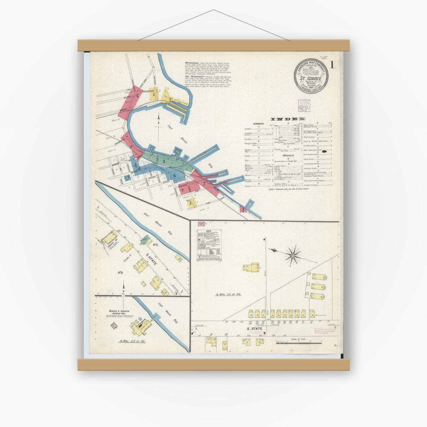 Old map wall art mockup — magnetic wood frame on white wall — Sanborn Fire Insurance Map from Saint Ignace, Mackinac County, Michigan (1907), Sheet #0001