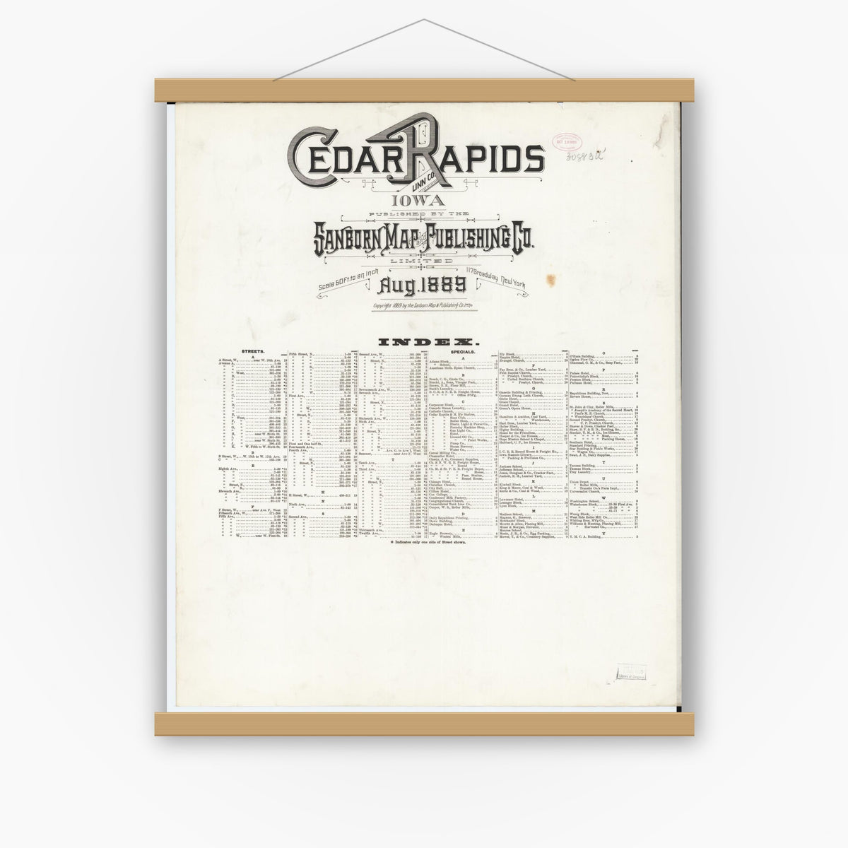 Old map wall art mockup — magnetic wood frame on white wall — Sanborn Fire Insurance Map from Cedar Rapids, Linn County, Iowa (1889), Sheet #0001