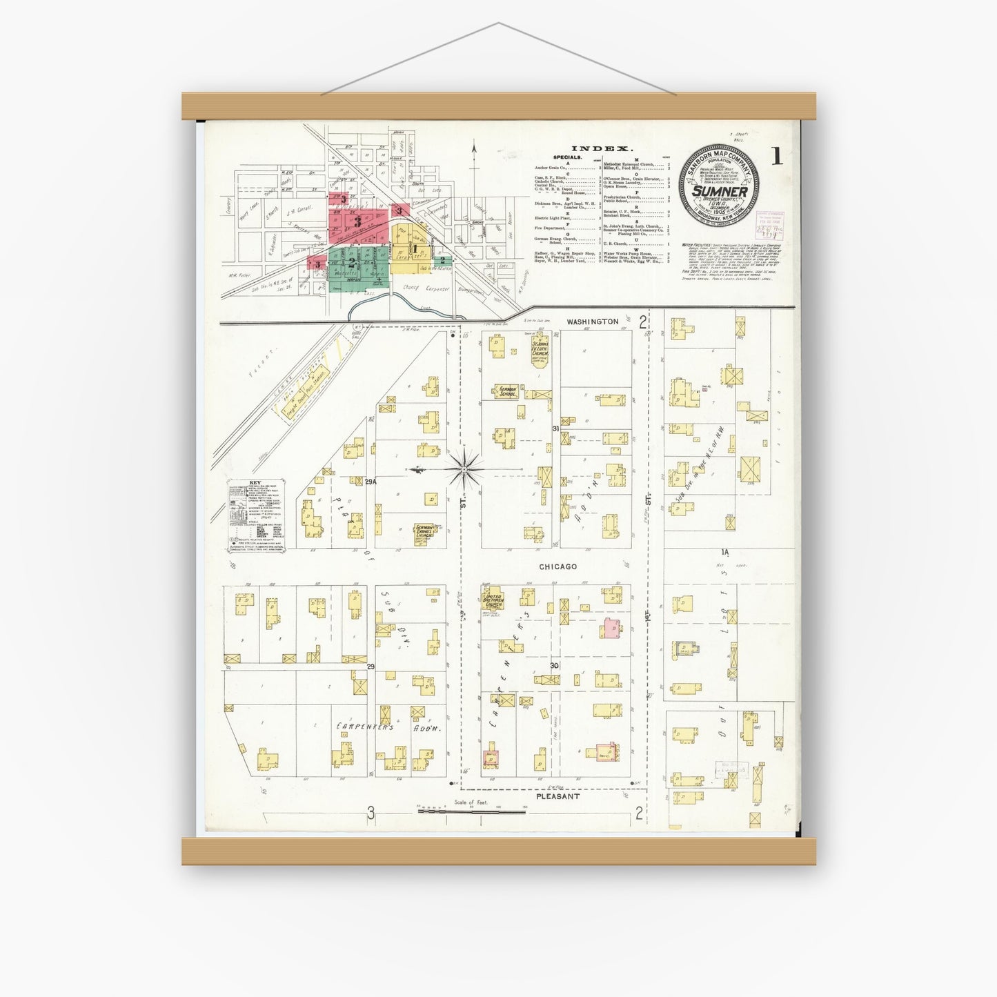 Old map wall art mockup — magnetic wood frame on white wall — Sanborn Fire Insurance Map from Sumner, Bremer County, Iowa (1905), Sheet #0001