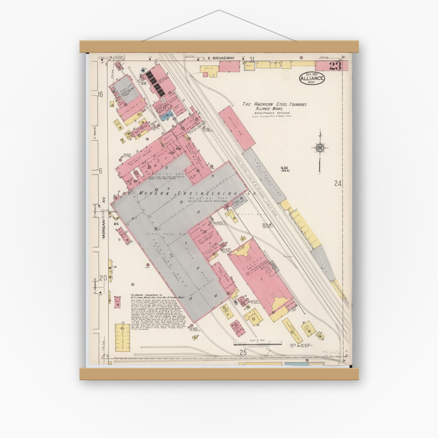 Old map wall art mockup — magnetic wood frame on white wall — Sanborn Fire Insurance Map from Alliance, Stark County, Ohio (1921), Sheet #0023