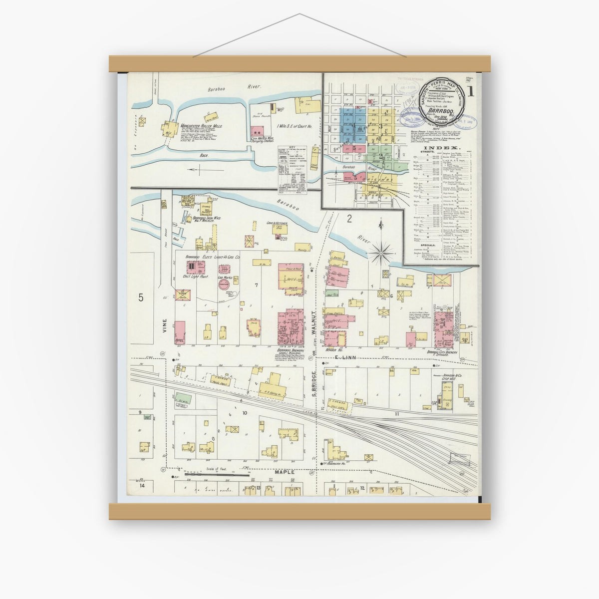 Old map wall art mockup — magnetic wood frame on white wall — Sanborn Fire Insurance Map from Baraboo, Sauk County, Wisconsin (1898), Sheet #0001
