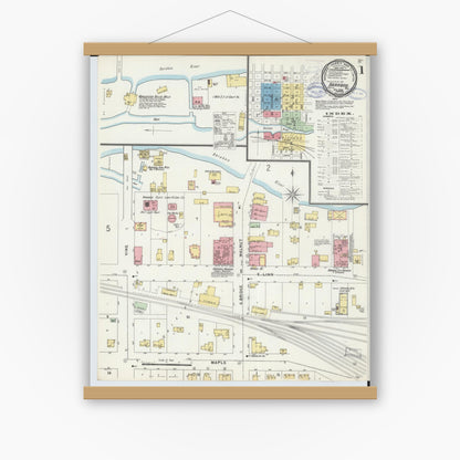 Old map wall art mockup — magnetic wood frame on white wall — Sanborn Fire Insurance Map from Baraboo, Sauk County, Wisconsin (1898), Sheet #0001
