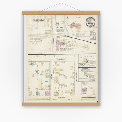Old map wall art mockup — magnetic wood frame on white wall — Sanborn Fire Insurance Map from Medina, Medina County, Ohio (1885) - Complete Map Set