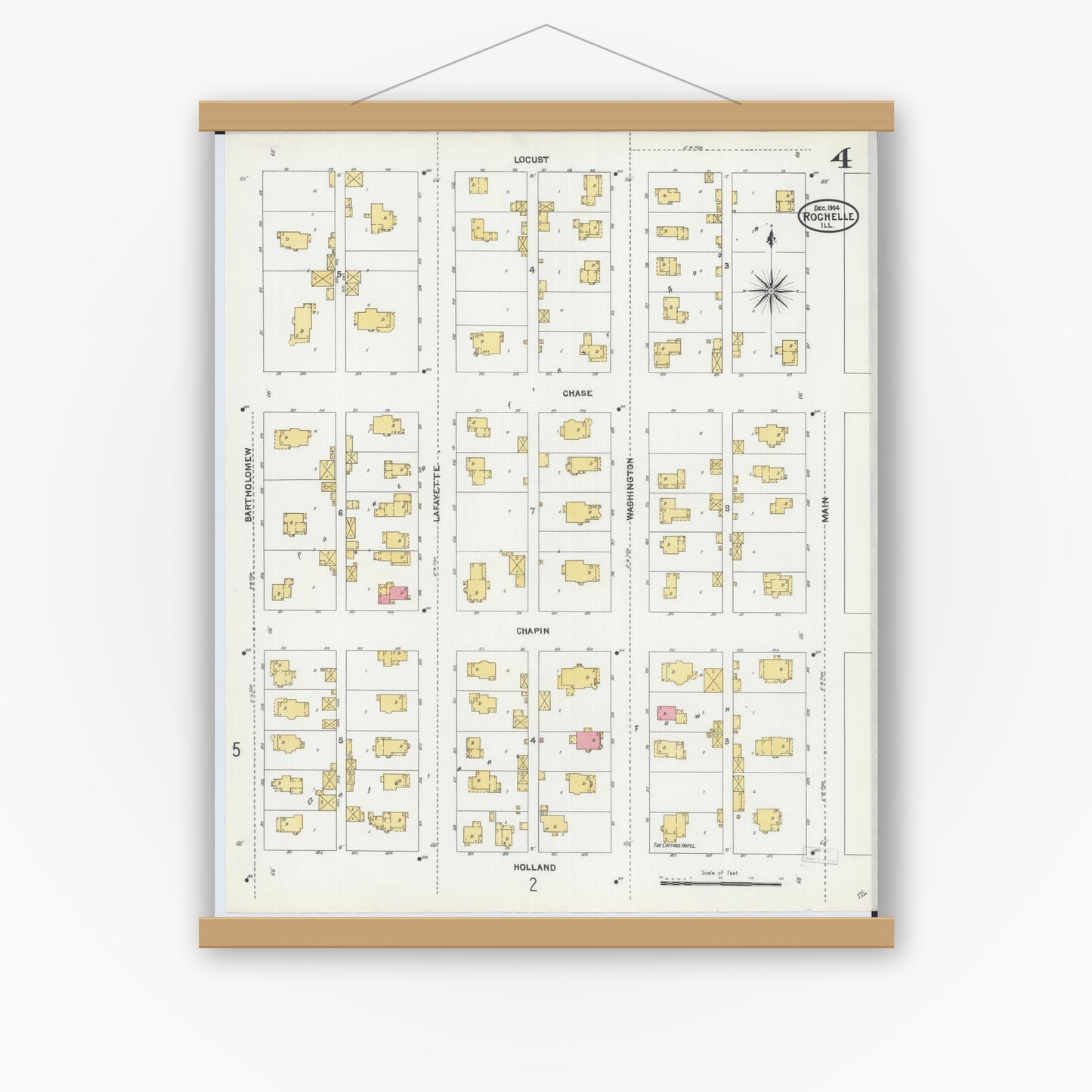 Old map wall art mockup — magnetic wood frame on white wall — Sanborn Fire Insurance Map from Rochelle, Ogle County, Illinois (1904), Sheet #0004