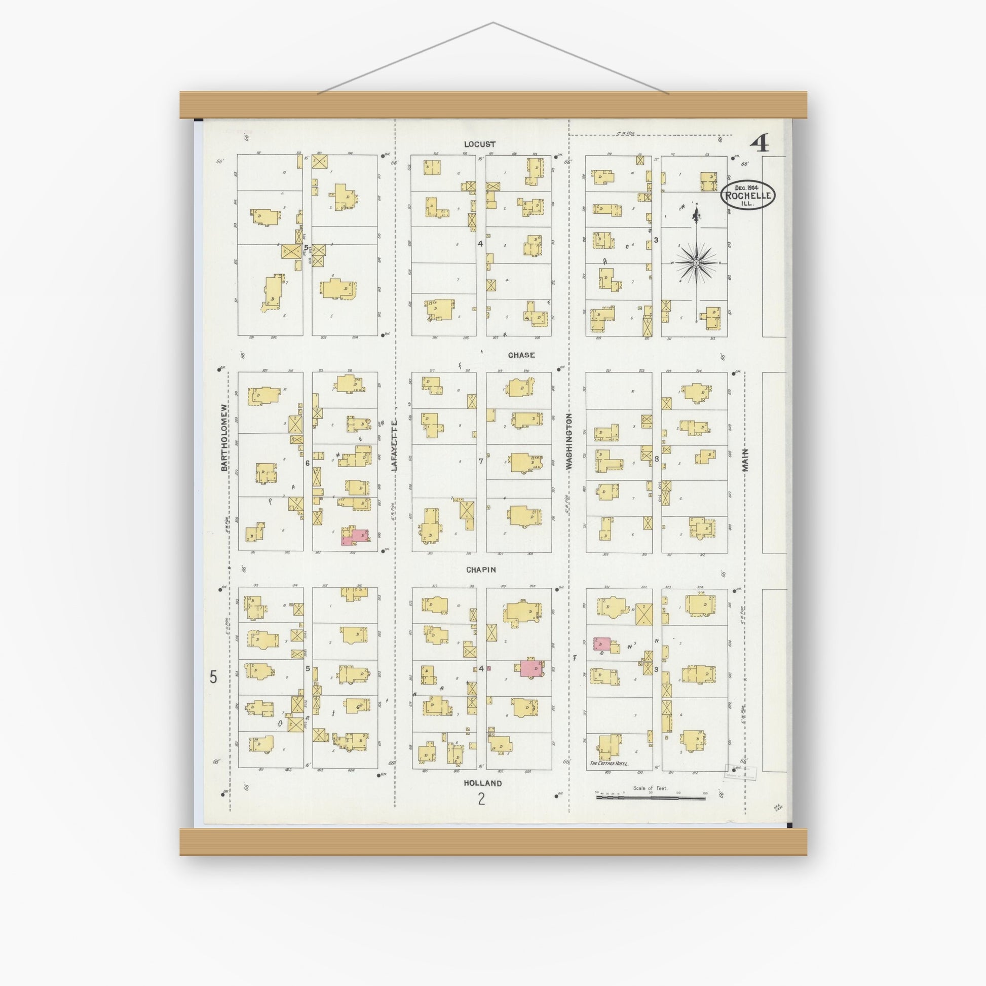 Old map wall art mockup — magnetic wood frame on white wall — Sanborn Fire Insurance Map from Rochelle, Ogle County, Illinois (1904), Sheet #0004