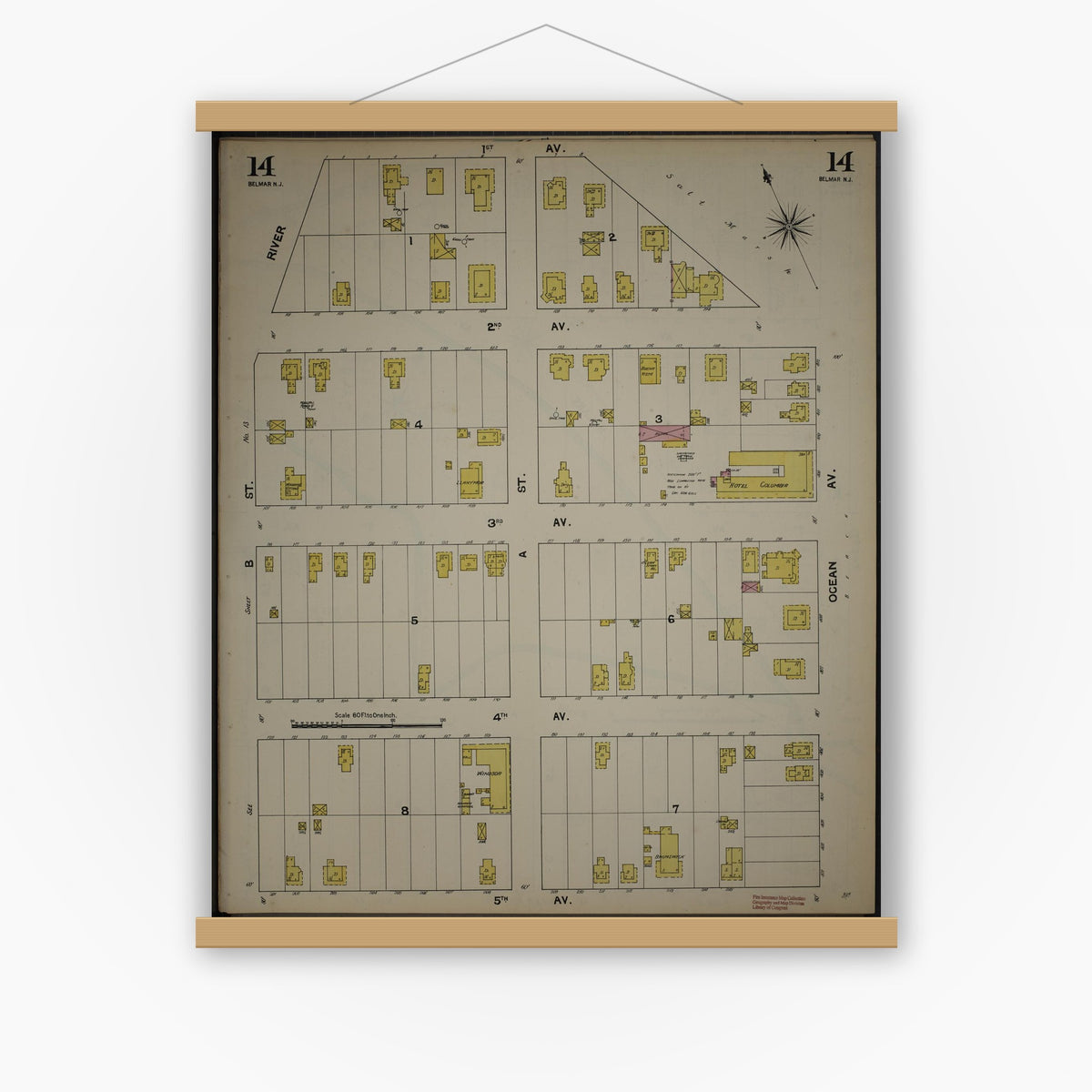 Old map wall art mockup — magnetic wood frame on white wall — Sanborn Fire Insurance Map from New Jersey Coast, New Jersey Coast, New Jersey (1890), Sheet #0014