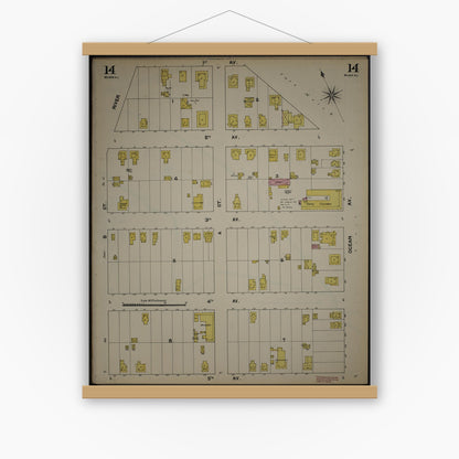 Old map wall art mockup — magnetic wood frame on white wall — Sanborn Fire Insurance Map from New Jersey Coast, New Jersey Coast, New Jersey (1890), Sheet #0014
