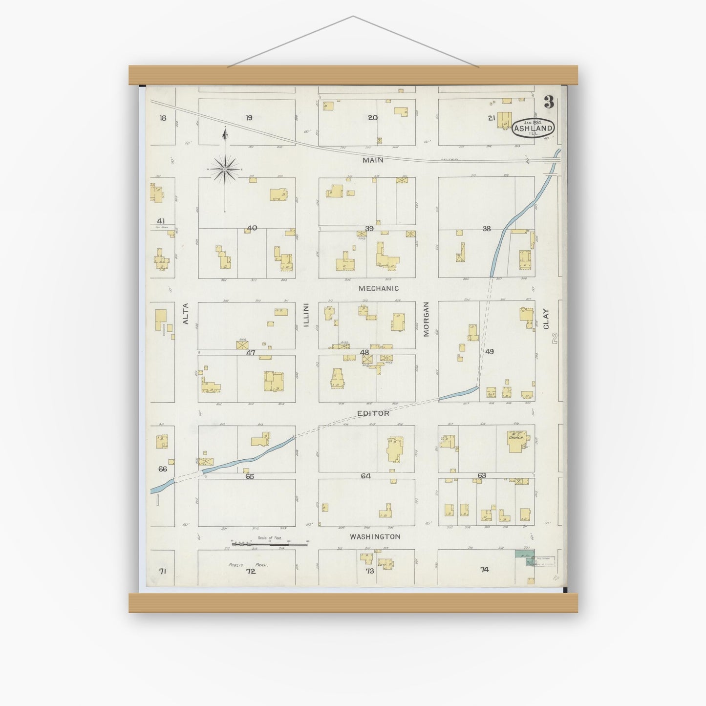 Old map wall art mockup — magnetic wood frame on white wall — Sanborn Fire Insurance Map from Ashland, Cass County, Illinois (1894), Sheet #0003