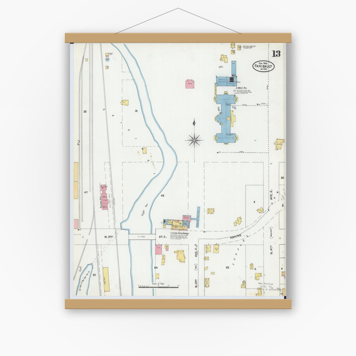 Old map wall art mockup — magnetic wood frame on white wall — Sanborn Fire Insurance Map from Faribault, Rice County, Minnesota (1905), Sheet #0013