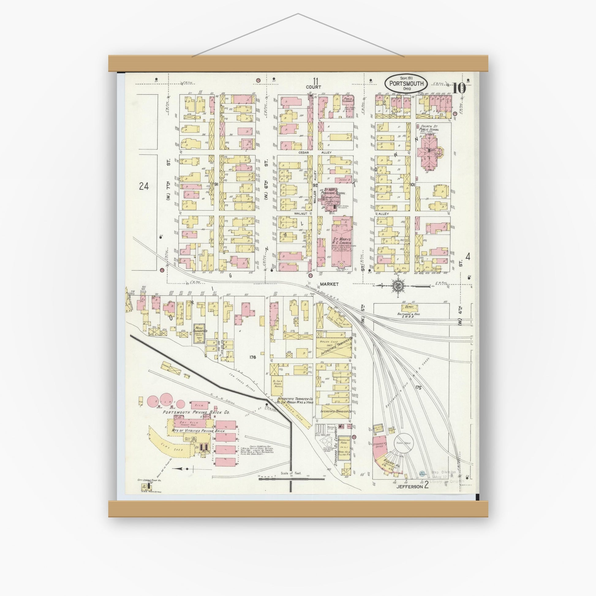 Old map wall art mockup — magnetic wood frame on white wall — Sanborn Fire Insurance Map from Portsmouth, Scioto County, Ohio (1911), Sheet #0010
